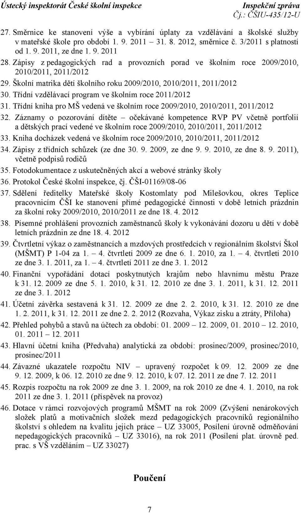 Třídní vzdělávací program ve školním roce 2011/2012 31. Třídní kniha pro MŠ vedená ve školním roce 2009/2010, 2010/2011, 2011/2012 32.