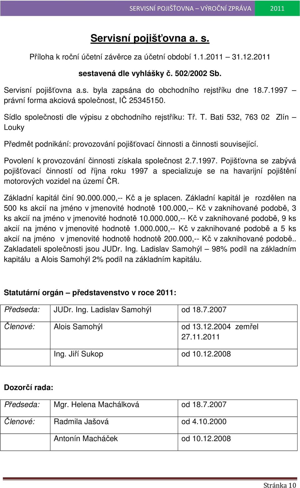 . T. Bati 532, 763 02 Zlín Louky Předmět podnikání: provozování pojišťovací činnosti a činnosti související. Povolení k provozování činnosti získala společnost 2.7.1997.