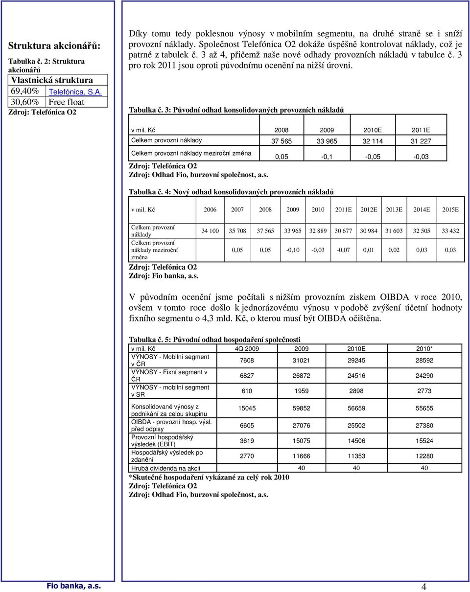 Společnost Telefónica O2 dokáže úspěšně kontrolovat náklady, což je patrné z tabulek č. 3 až 4, přičemž naše nové odhady provozních nákladů v tabulce č.