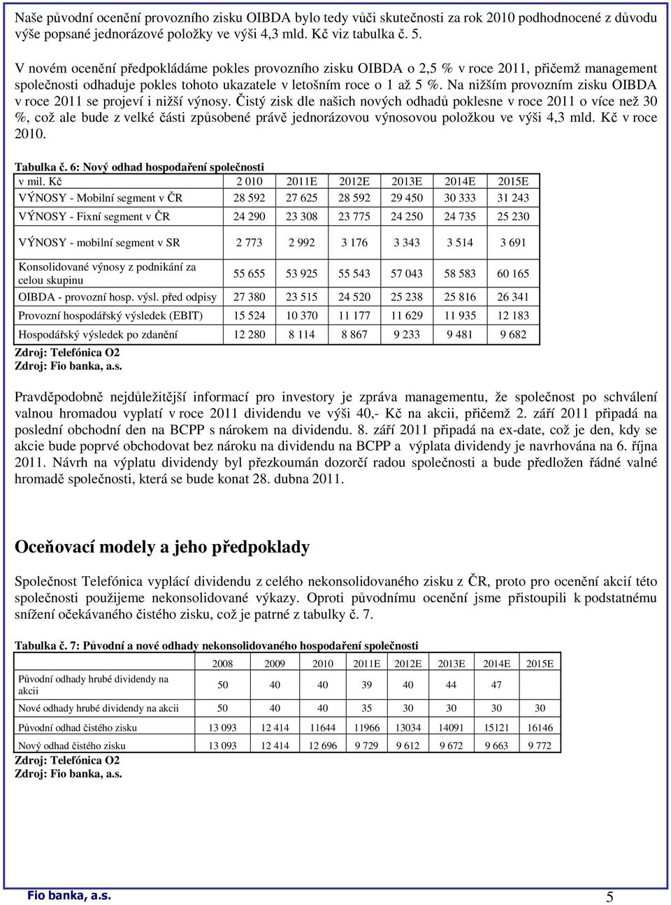 Na nižším provozním zisku OIBDA v roce 2011 se projeví i nižší výnosy.