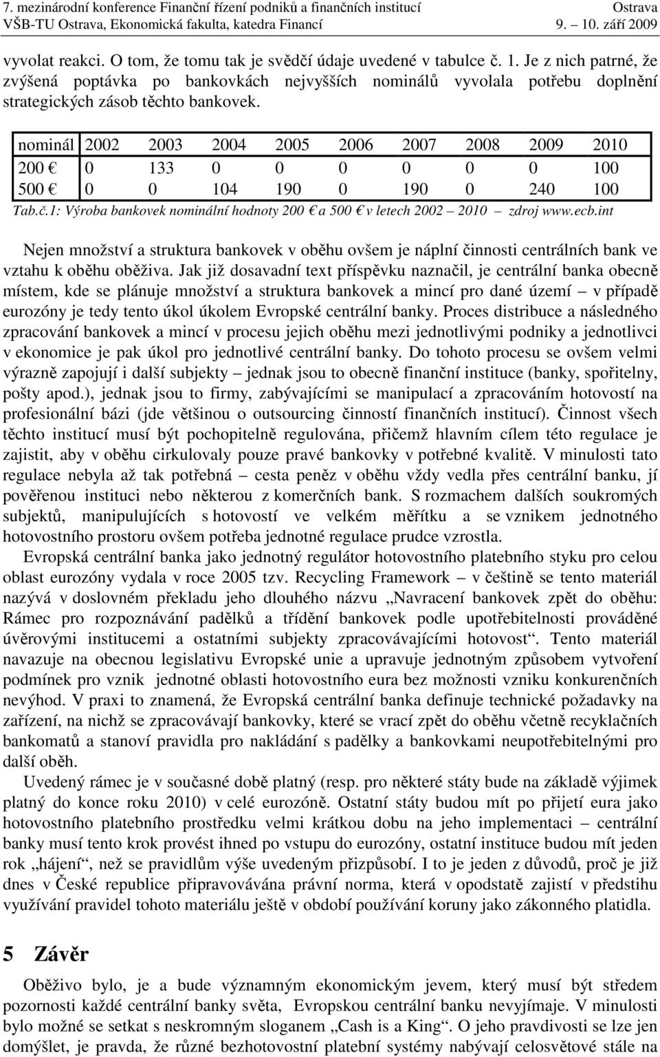 nominál 2002 2003 2004 2005 2006 2007 2008 2009 2010 200 0 133 0 0 0 0 0 0 100 500 0 0 104 190 0 190 0 240 100 Tab.č.1: Výroba bankovek nominální hodnoty 200 a 500 v letech 2002 2010 zdroj www.ecb.