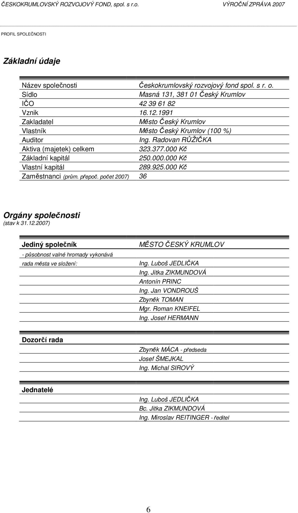 000 Kč Zaměstnanci (prům. přepoč. počet 2007) 36 Orgány společnosti (stav k 31.12.2007) Jediný společník - působnost valné hromady vykonává rada města ve složení: MĚSTO ČESKÝ KRUMLOV Ing.