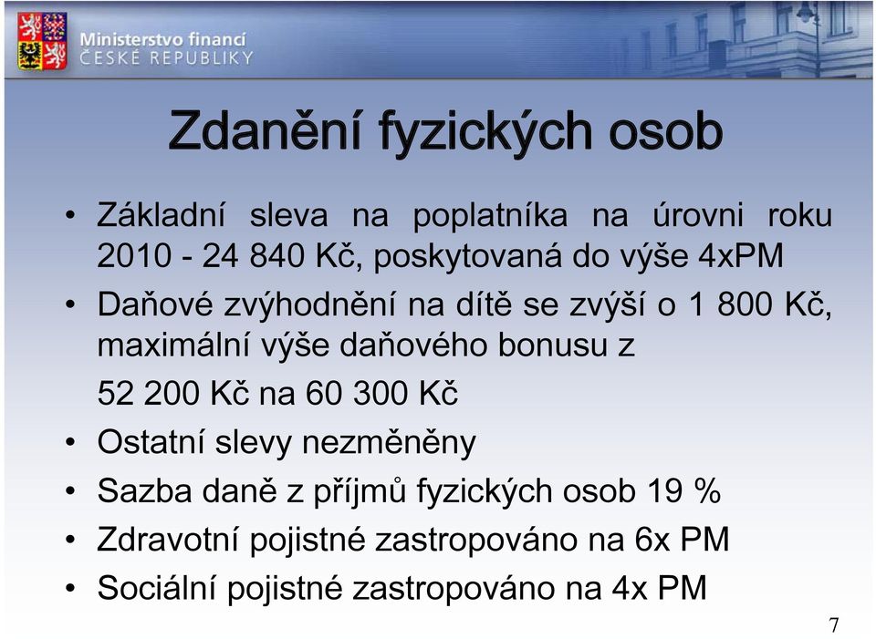 daňového bonusu z 52 200 Kč na 60 300 Kč Ostatní slevy nezměněny Sazba daně z příjmů