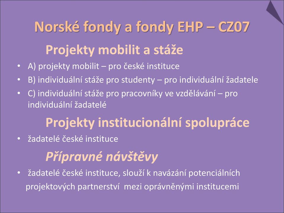 vzdělávání pro individuální žadatelé Projekty institucionální spolupráce žadatelé české instituce