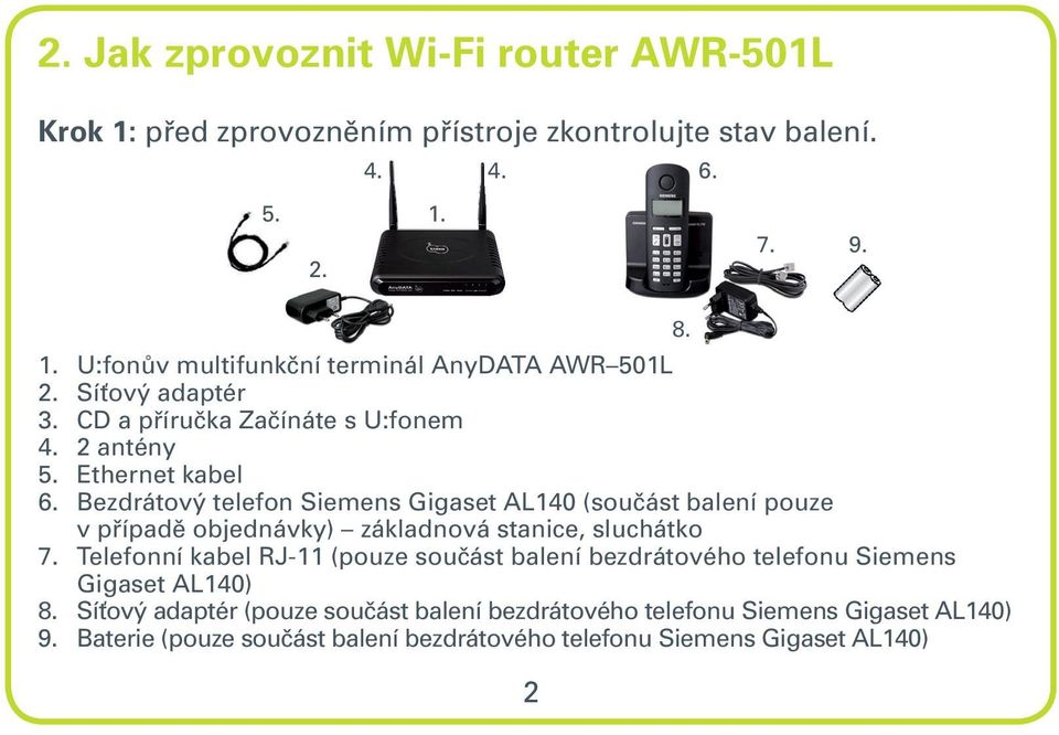 Bezdrátový telefon Siemens Gigaset AL140 (součást balení pouze v případě objednávky) základnová stanice, sluchátko 7.