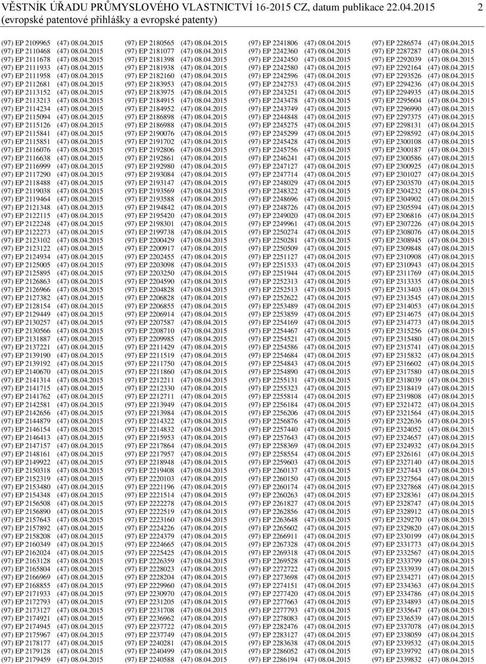 04.2015 (97) EP 2115126 (47) 08.04.2015 (97) EP 2115841 (47) 08.04.2015 (97) EP 2115851 (47) 08.04.2015 (97) EP 2116076 (47) 08.04.2015 (97) EP 2116638 (47) 08.04.2015 (97) EP 2116999 (47) 08.04.2015 (97) EP 2117290 (47) 08.