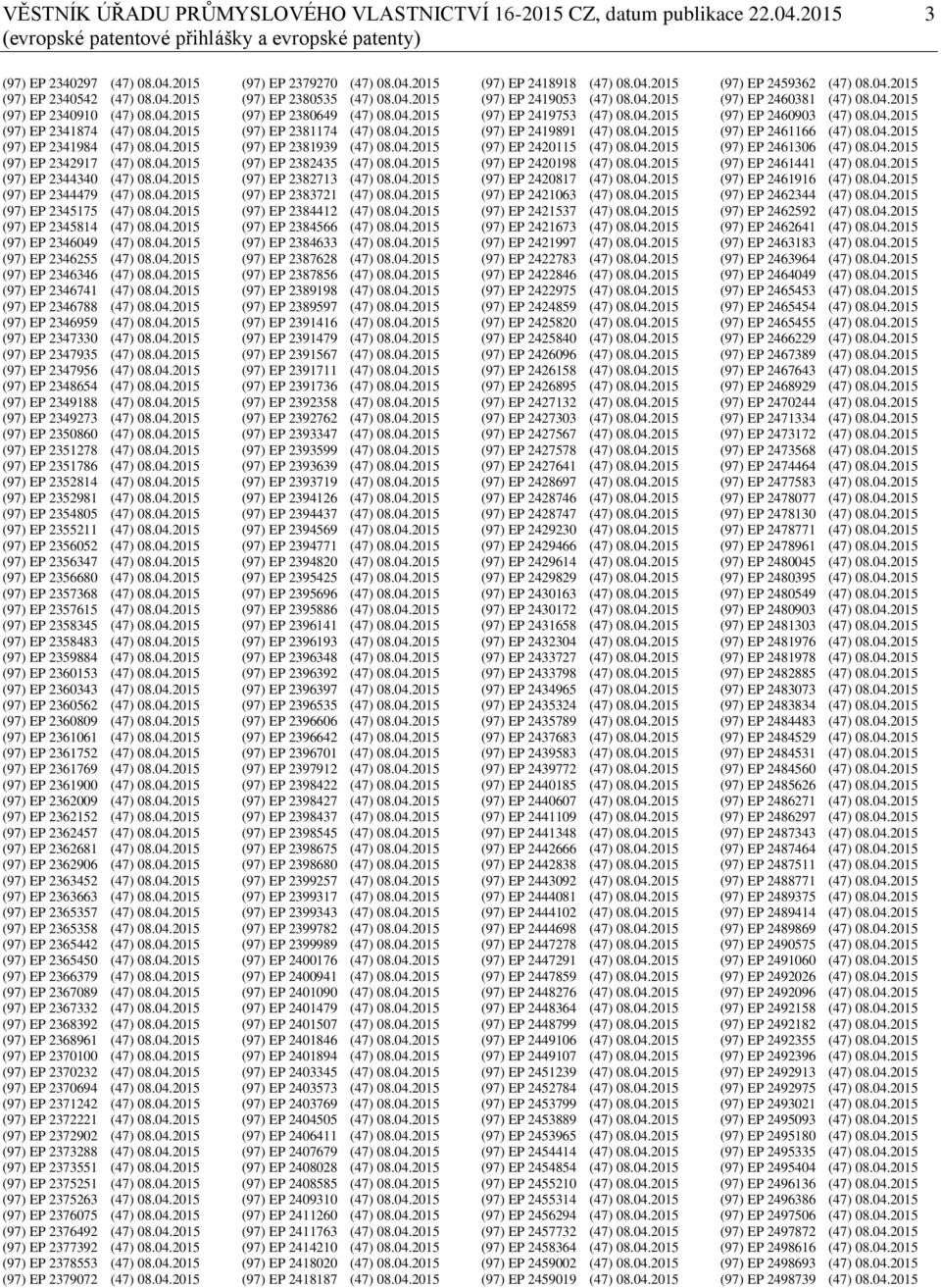 04.2015 (97) EP 2346049 (47) 08.04.2015 (97) EP 2346255 (47) 08.04.2015 (97) EP 2346346 (47) 08.04.2015 (97) EP 2346741 (47) 08.04.2015 (97) EP 2346788 (47) 08.04.2015 (97) EP 2346959 (47) 08.04.2015 (97) EP 2347330 (47) 08.