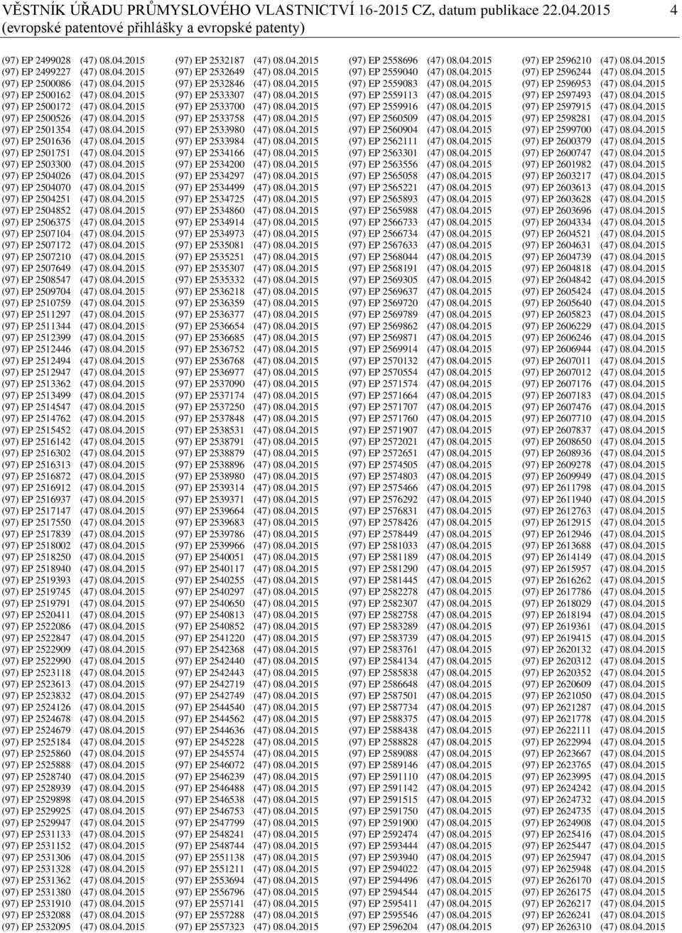 04.2015 (97) EP 2504026 (47) 08.04.2015 (97) EP 2504070 (47) 08.04.2015 (97) EP 2504251 (47) 08.04.2015 (97) EP 2504852 (47) 08.04.2015 (97) EP 2506375 (47) 08.04.2015 (97) EP 2507104 (47) 08.04.2015 (97) EP 2507172 (47) 08.