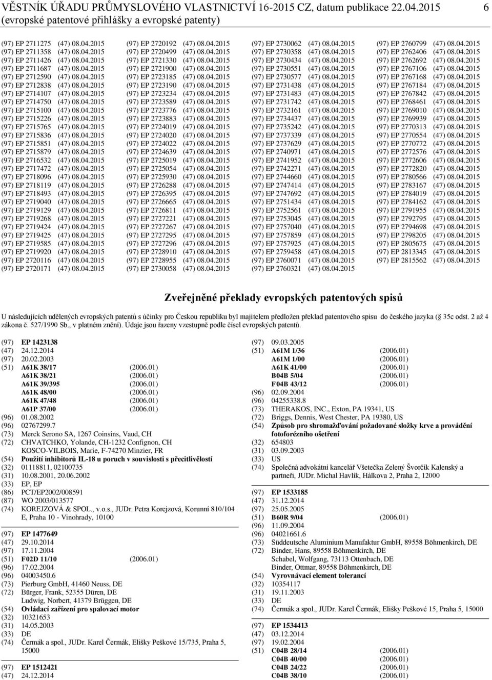 04.2015 (97) EP 2715765 (47) 08.04.2015 (97) EP 2715836 (47) 08.04.2015 (97) EP 2715851 (47) 08.04.2015 (97) EP 2715879 (47) 08.04.2015 (97) EP 2716532 (47) 08.04.2015 (97) EP 2717472 (47) 08.04.2015 (97) EP 2718096 (47) 08.