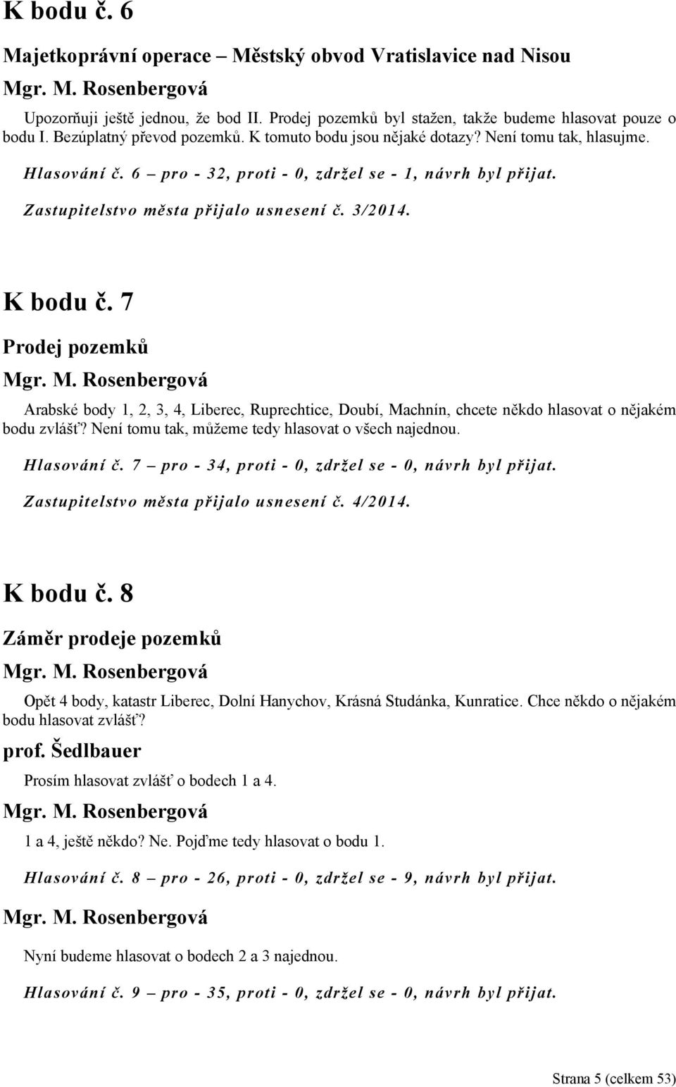 7 Prodej pozemků Arabské body 1, 2, 3, 4, Liberec, Ruprechtice, Doubí, Machnín, chcete někdo hlasovat o nějakém bodu zvlášť? Není tomu tak, můžeme tedy hlasovat o všech najednou. Hlasování č.