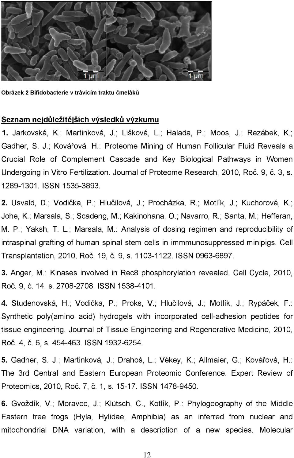 Journal of Proteome Research, 2010, Roč. 9, č. 3, s. 1289-1301. ISSN 1535-3893. 2. Usvald, D.; Vodička, P.; Hlučilová, J.; Procházka, R.; Motlík, J.; Kuchorová, K.; Johe, K.; Marsala, S.; Scadeng, M.