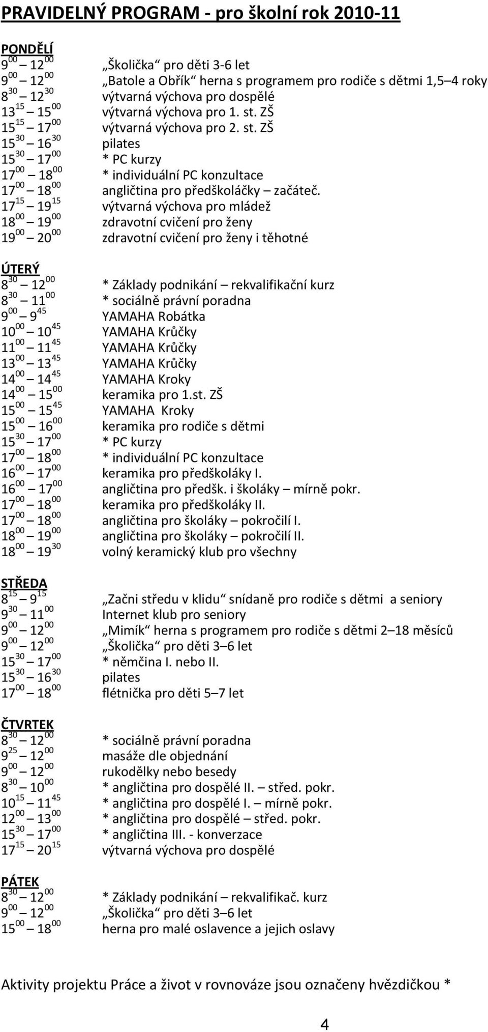 17 15 19 15 výtvarná výchova pro mládež 18 00 19 00 zdravotní cvičení pro ženy 19 00 20 00 zdravotní cvičení pro ženy i těhotné ÚTERÝ 8 30 12 00 * Základy podnikání rekvalifikační kurz 8 30 11 00 *