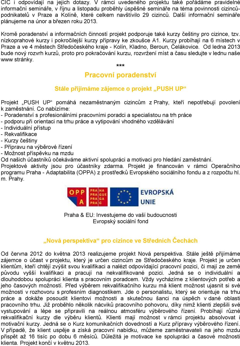 29 cizinců. Další informační semináře plánujeme na únor a březen roku 2013. Kromě poradenství a informačních činností projekt podporuje také kurzy pro cizince, tzv.