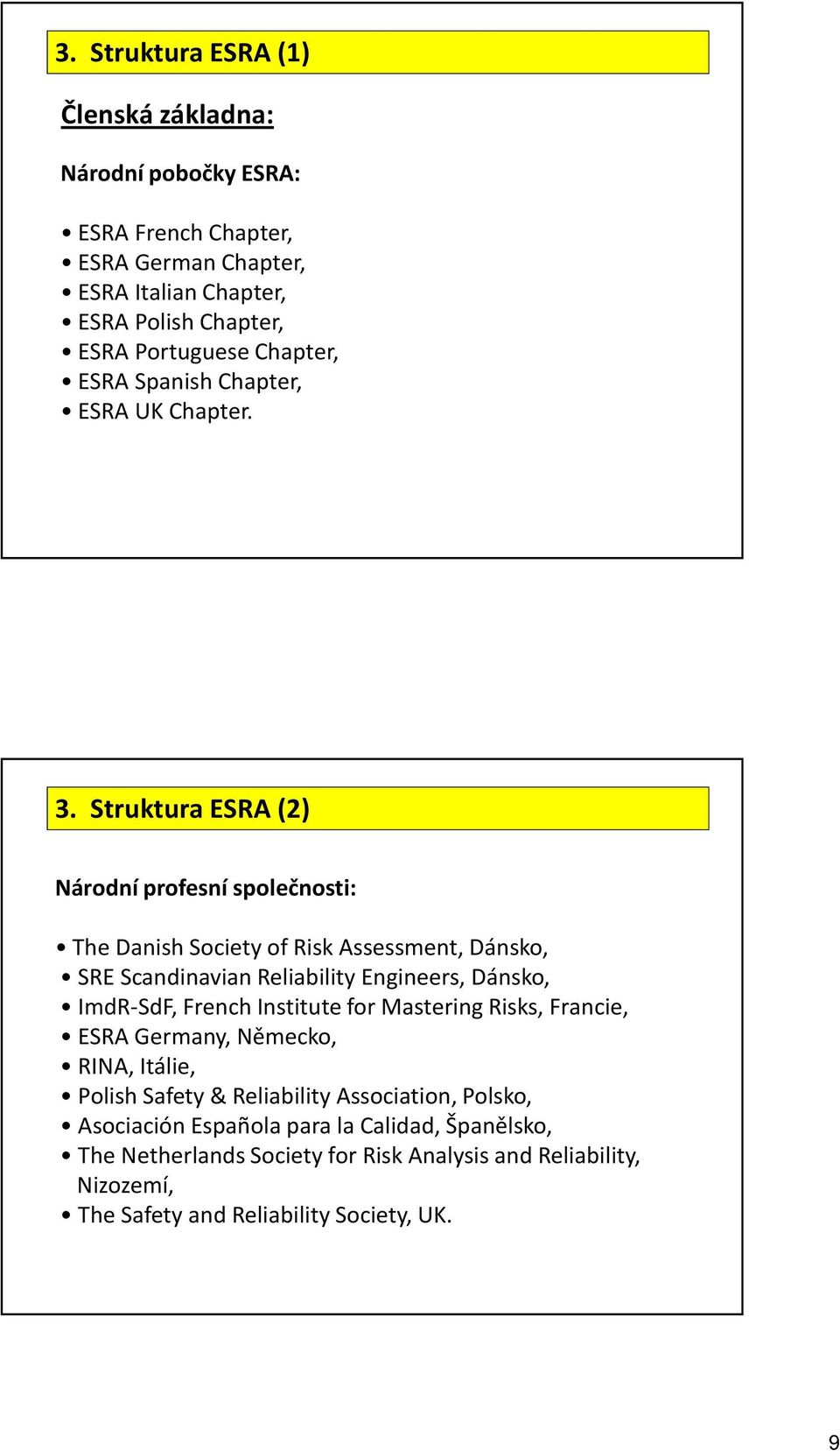 Struktura ESRA (2) Národní profesní společnosti: The Danish Society of Risk Assessment, Dánsko, SRE Scandinavian Reliability Engineers, Dánsko, ImdR-SdF, French