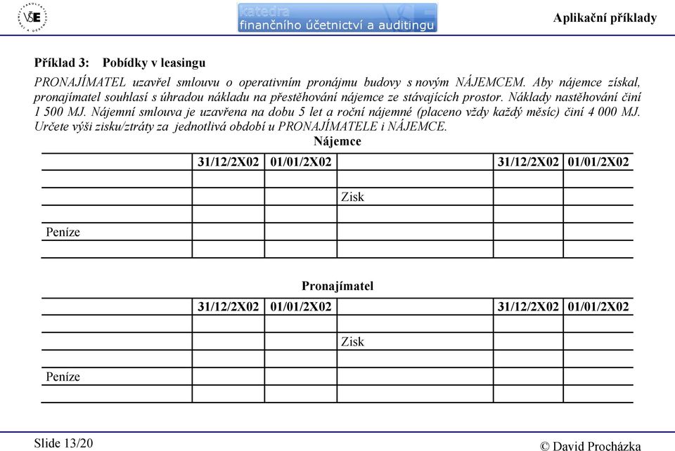 Nájemní smlouva je uzavřena na dobu 5 let a roční nájemné (placeno vždy každý měsíc) činí 4 000 MJ.