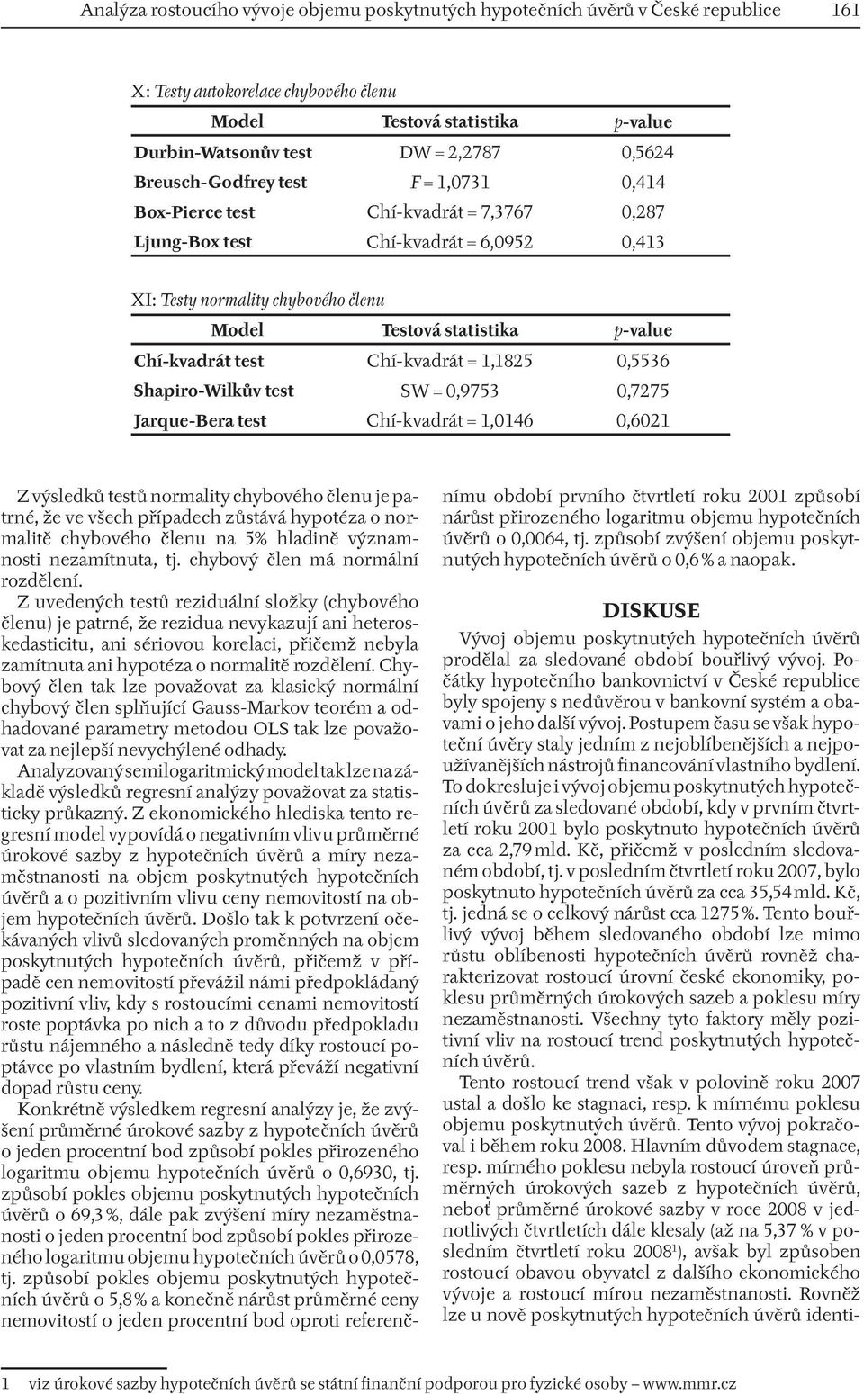 Chí-kvadrát test Chí-kvadrát = 1,1825 0,5536 Shapiro-Wilkův test SW = 0,9753 0,7275 Jarque-Bera test Chí-kvadrát = 1,0146 0,6021 Z výsledků testů normality chybového členu je patrné, že ve všech