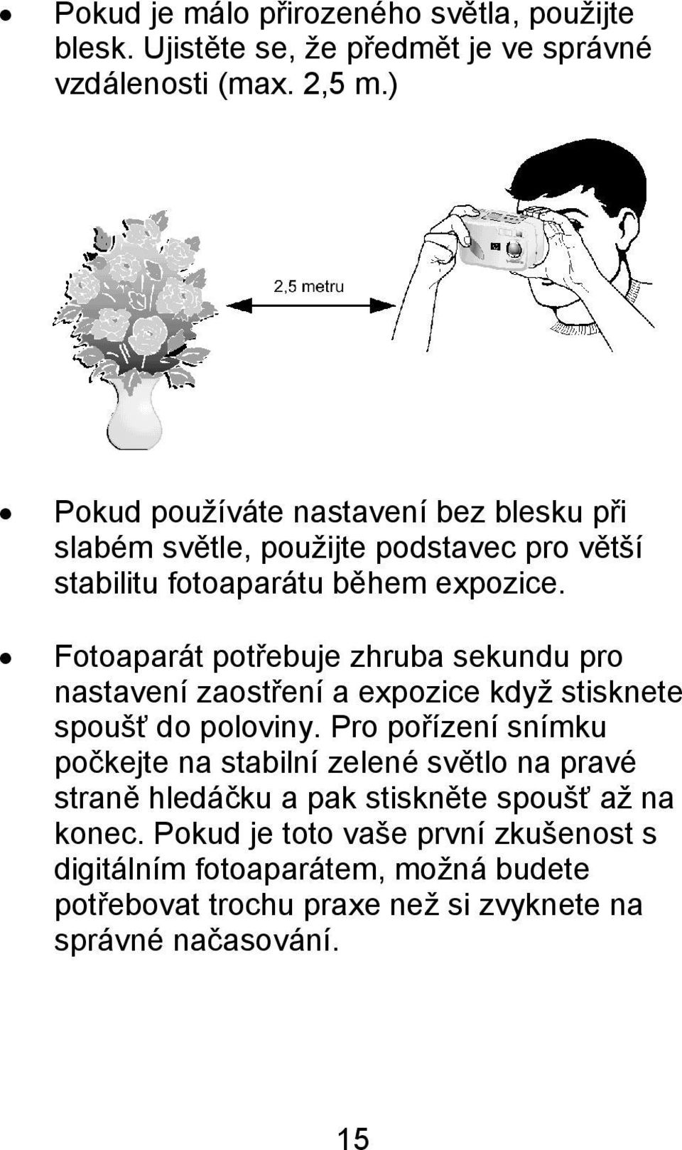 Fotoaparát potřebuje zhruba sekundu pro nastavení zaostření a expozice když stisknete spoušť do poloviny.