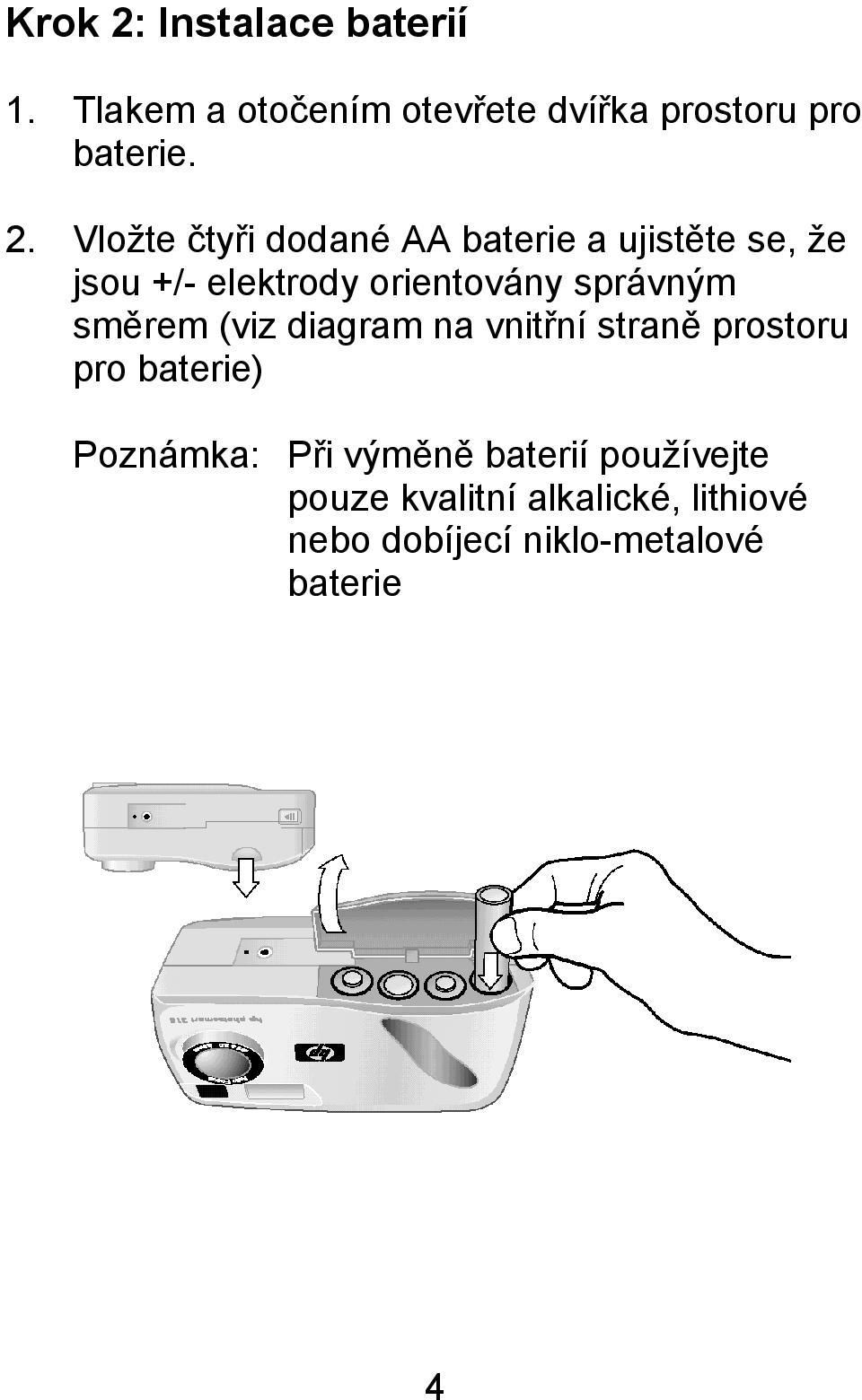 Vložte čtyři dodané AA baterie a ujistěte se, že jsou +/- elektrody orientovány