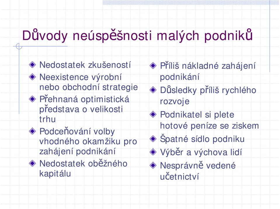 podnikání Nedostatek oběžného kapitálu Příliš nákladné zahájení podnikání Důsledky příliš rychlého