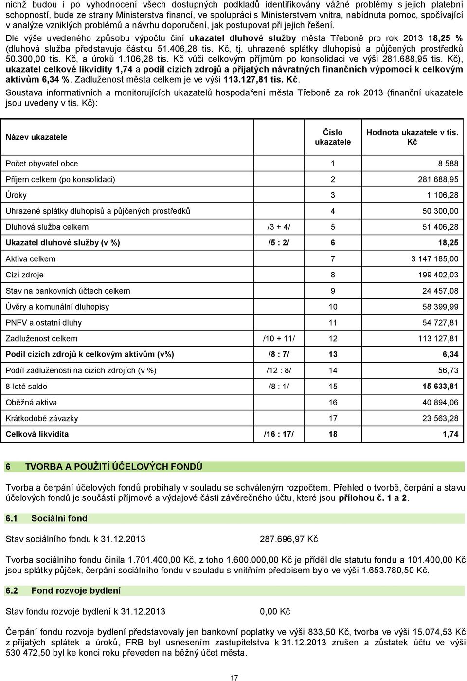 Dle výše uvedeného způsobu výpočtu činí ukazatel dluhové služby města Třeboně pro rok 2013 18,25 % (dluhová služba představuje částku 51.406,28 tis. Kč, tj.