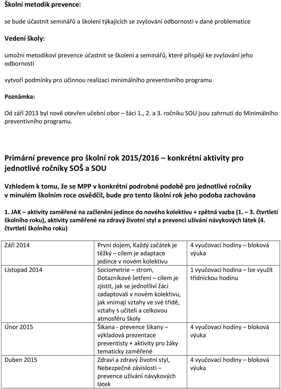 ročníku SOU jsou zahrnuti do Minimálního preventivního programu.