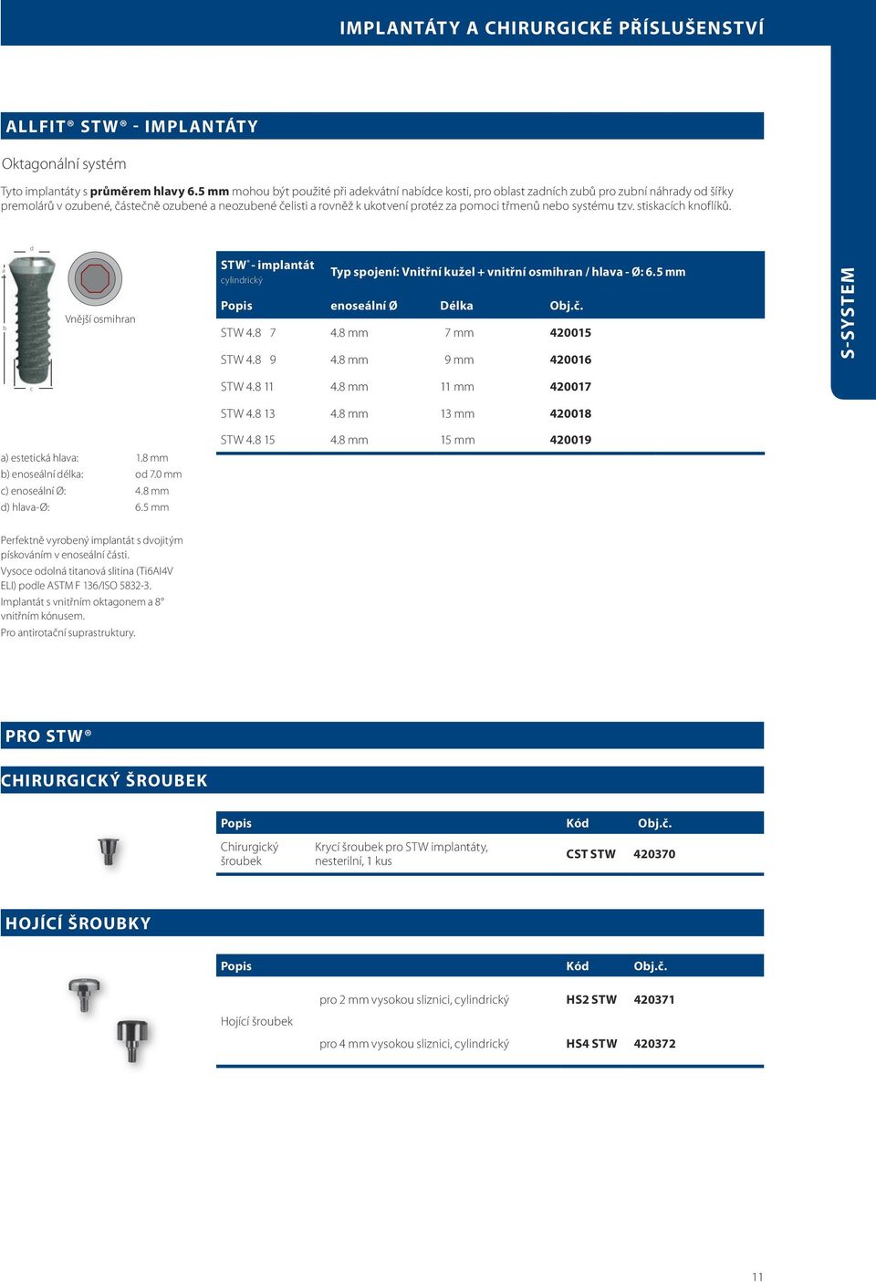 třmenů nebo systému tzv. stiskacích knoflíků. d a b Vnější osmihran STW - implantát cylindrický Typ spojení: Vnitřní kužel + vnitřní osmihran / hlava - Ø: 6.5 mm Popis enoseální Ø Délka Obj.č. STW 4.