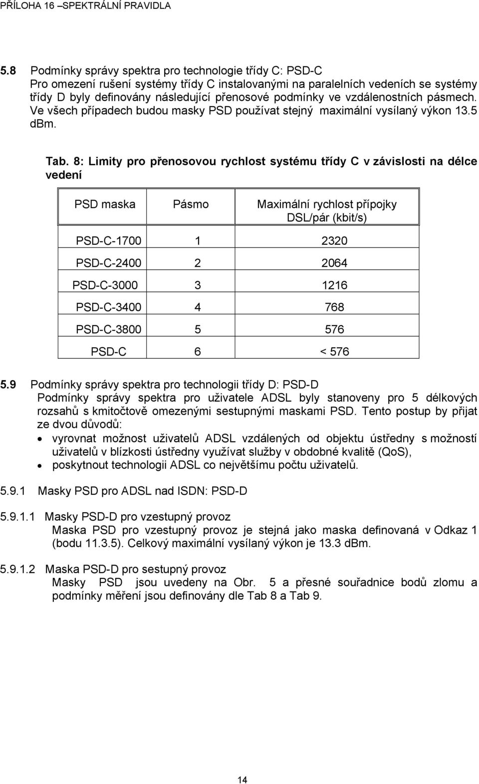 8: Limity pro přenosovou rychlost systému třídy C v závislosti na délce vedení PSD maska Pásmo Maximální rychlost přípojky DSL/pár (kbit/s) PSD-C-1700 1 2320 PSD-C-2400 2 2064 PSD-C-3000 3 1216