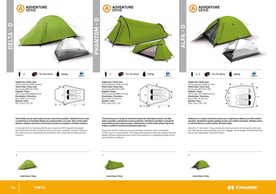 Vnitřní stan / inner tent: Permeable Wr 00 % PeS podlaha / floor: 00 % nylon PU0000 mm H 2 o konstrukce / structure: Dural 700 t6, 8,5 mm rozměr / size: (250 + 60) x 45 / 0 45 60 250 75 Vnější stan /