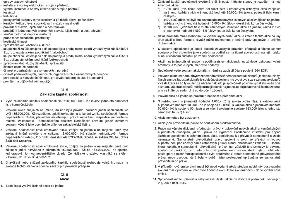 změn a odstraňování - silniční motorová doprava nákladní - práce mechanizačními prostředky - hostinská činnost - zprostředkování obchodu a služeb - koupě zboží za účelem jeho dalšího prodeje a prodej