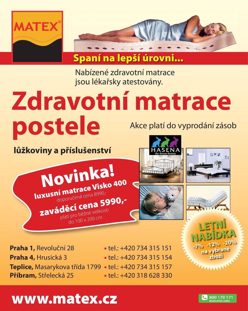 luxusní matrace Visko 400 doporučená cena 8990,- zaváděcí cena 5990,- platí pro běžné velikosti do 100 x 200 cm Praha 1, Revoluční 28