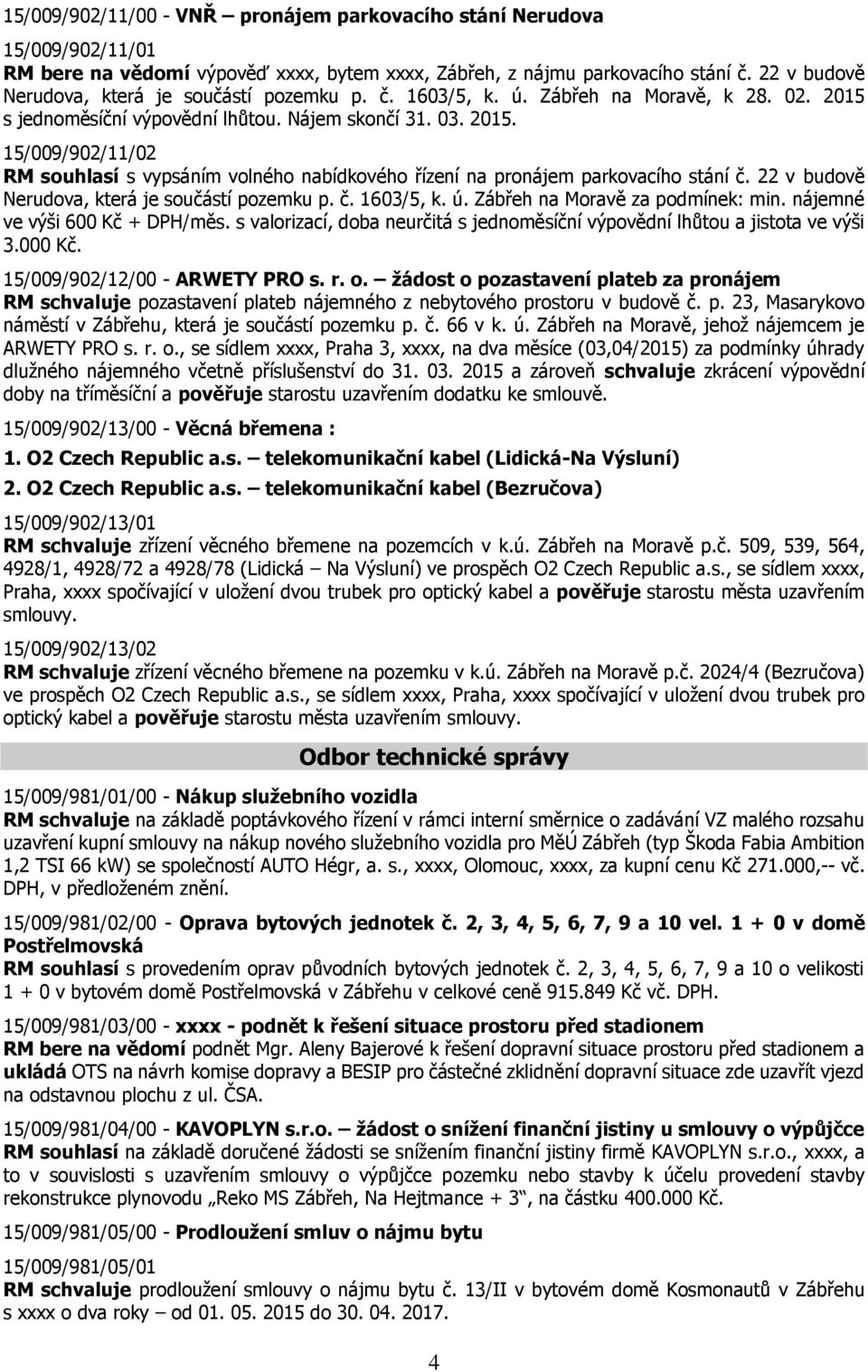 s jednoměsíční výpovědní lhůtou. Nájem skončí 31. 03. 2015. 15/009/902/11/02 RM souhlasí s vypsáním volného nabídkového řízení na pronájem parkovacího stání č.