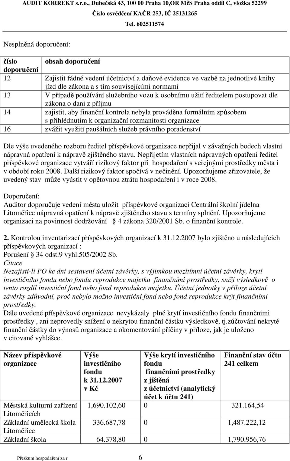 rozmanitosti organizace 16 zvážit využití paušálních služeb právního poradenství Dle výše uvedeného rozboru ředitel příspěvkové organizace nepřijal v závažných bodech vlastní nápravná opatření k