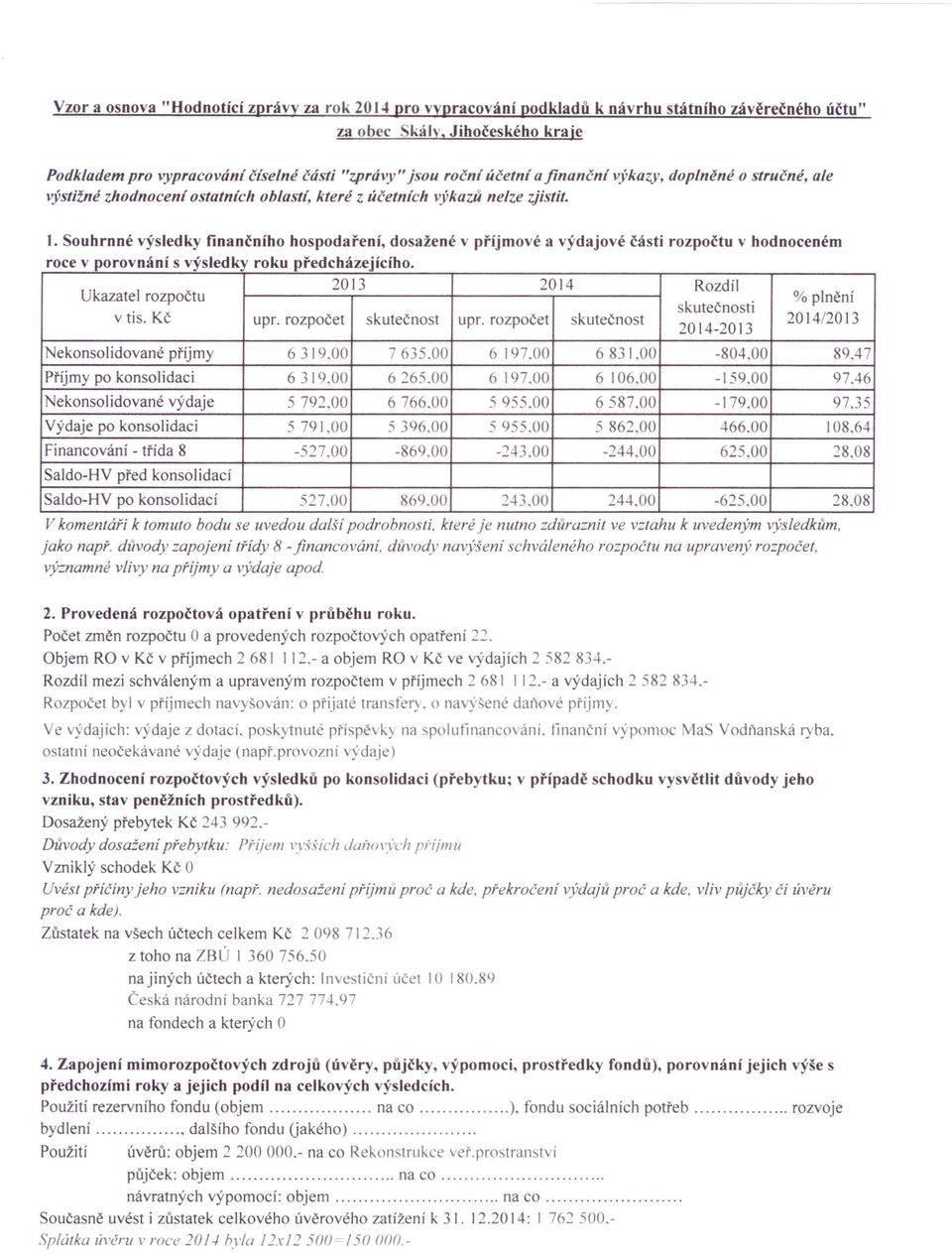 Souhrnné výsledky finančního hospodaření, dosažené v příjmové a výdajové části rozpočtu v hodnoceném roce v porovnání s výsledky roku předcházejícího. Ukazatel rozpočtu 2013 2014 Rozdíl v tis. Kč upr.