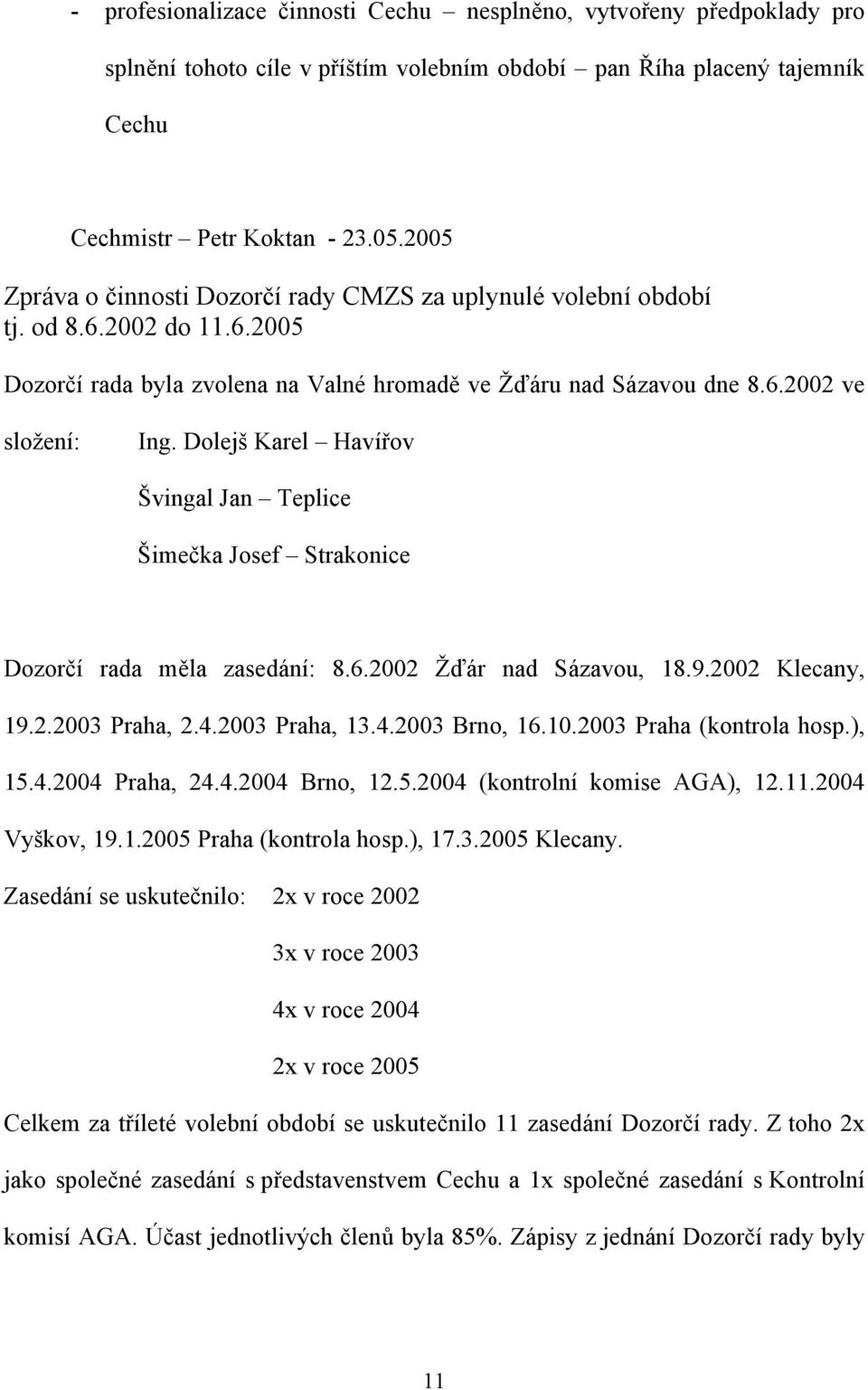 Dolejš Karel Havířov Švingal Jan Teplice Šimečka Josef Strakonice Dozorčí rada měla zasedání: 8.6.2002 Žďár nad Sázavou, 18.9.2002 Klecany, 19.2.2003 Praha, 2.4.2003 Praha, 13.4.2003 Brno, 16.10.