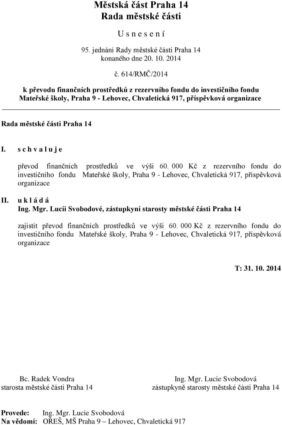 Mgr. Lucii Svobodové, zástupkyni starosty městské části Praha 14 zajistit převod finančních prostředků ve výši 60.