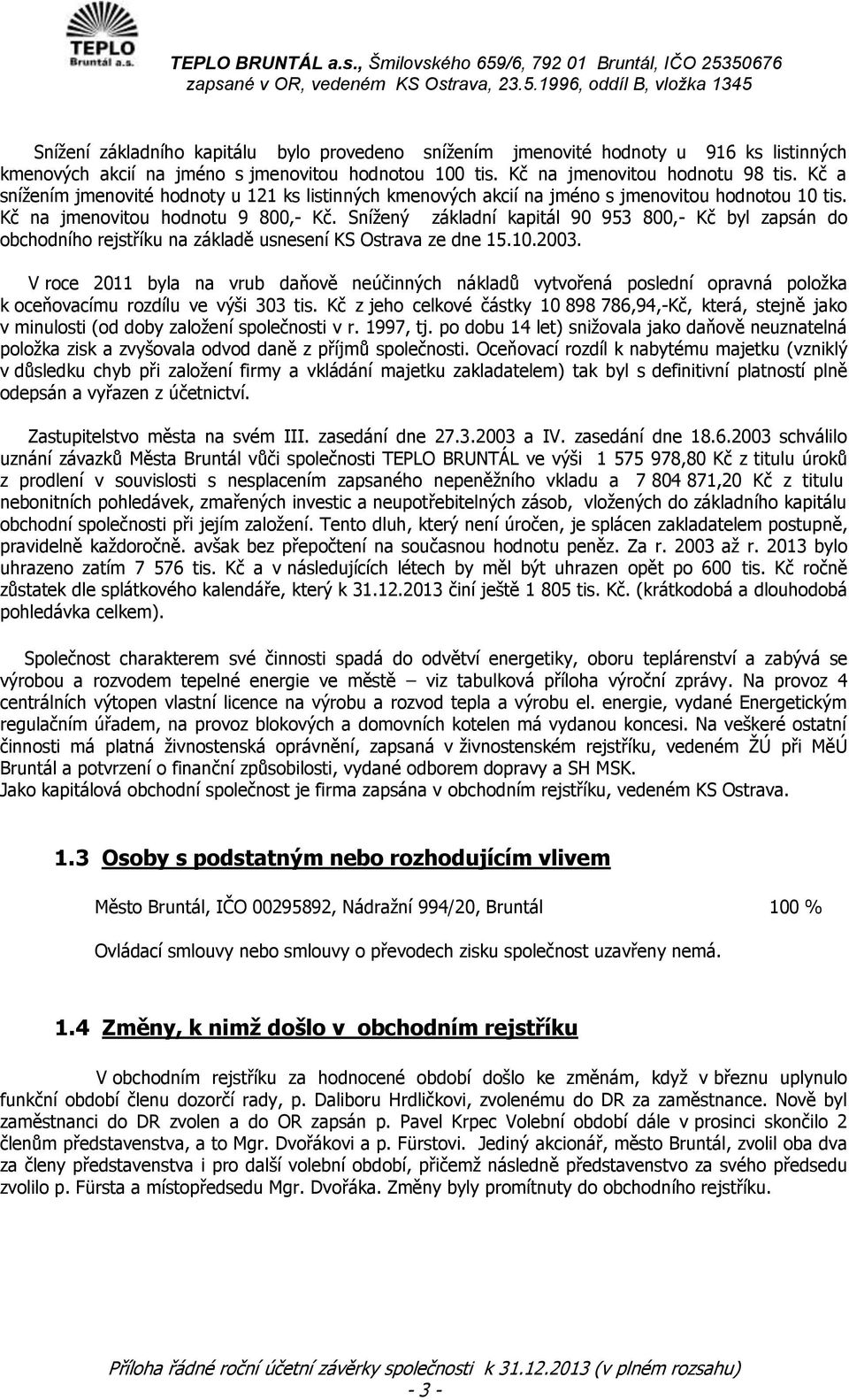 Snížený základní kapitál 90 953 800,- Kč byl zapsán do obchodního rejstříku na základě usnesení KS Ostrava ze dne 15.10.2003.