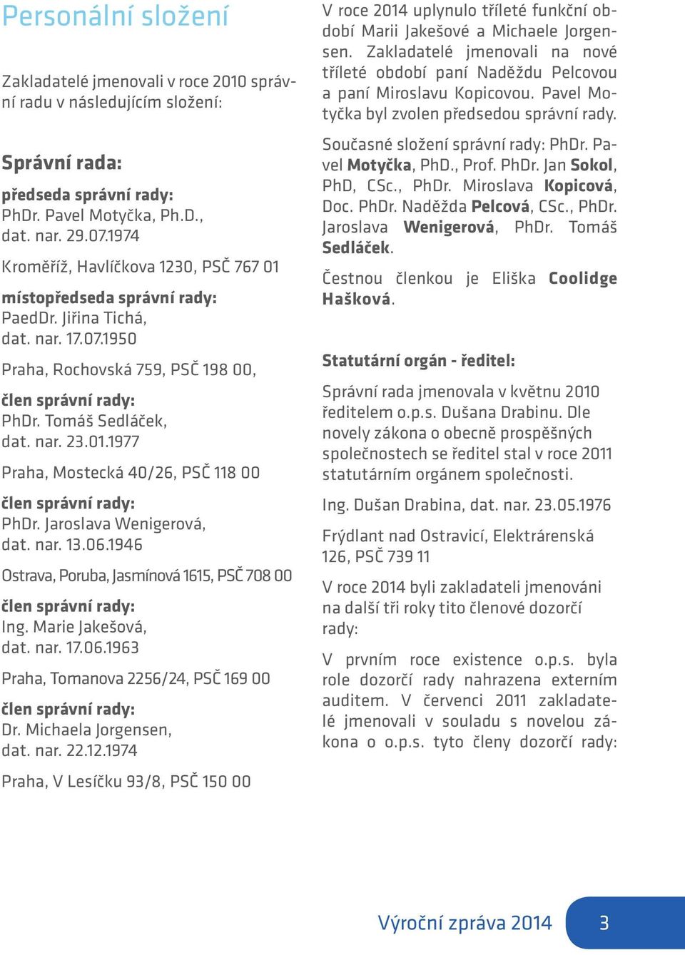 01.1977 Praha, Mostecká 40/26, PSČ 118 00 člen správní rady: PhDr. Jaroslava Wenigerová, dat. nar. 13.06.1946 Ostrava, Poruba, Jasmínová 1615, PSČ 708 00 člen správní rady: Ing. Marie Jakešová, dat.