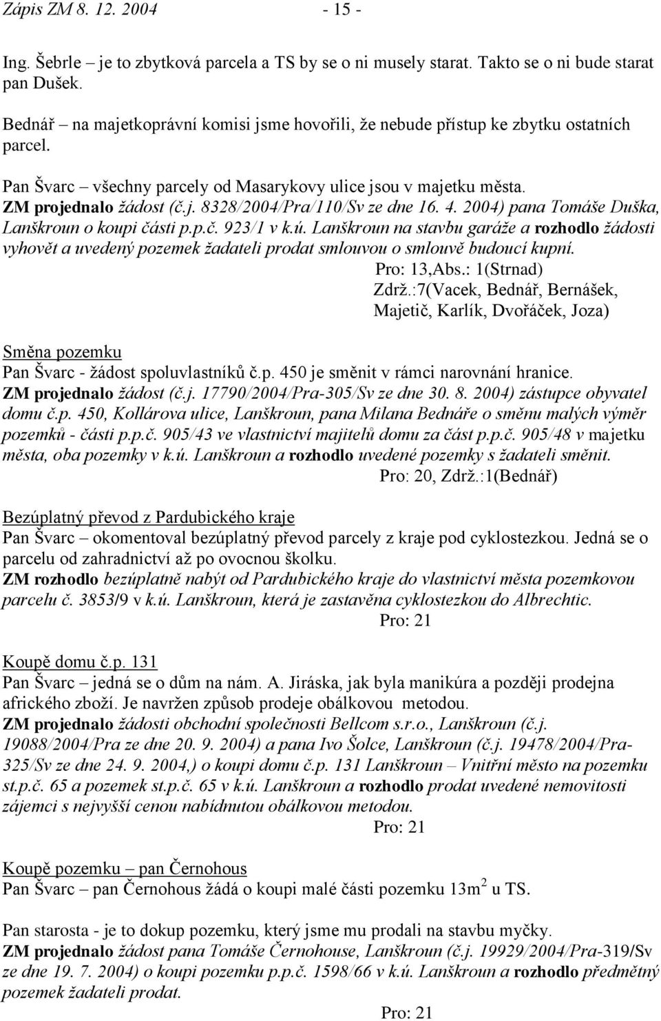 4. 2004) pana Tomáše Duška, Lanškroun o koupi části p.p.č. 923/1 v k.ú. Lanškroun na stavbu garáţe a rozhodlo ţádosti vyhovět a uvedený pozemek ţadateli prodat smlouvou o smlouvě budoucí kupní.