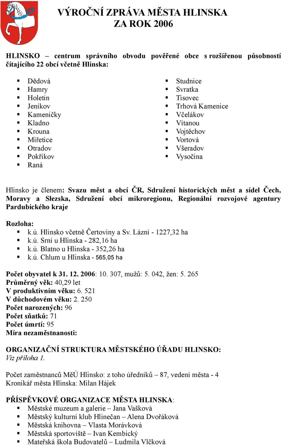 sídel Čech, Moravy a Slezska, Sdružení obcí mikroregionu, Regionální rozvojové agentury Pardubického kraje Rozloha: k.ú. Hlinsko včetně Čertoviny a Sv. Lázní - 1227,32 ha k.ú. Srní u Hlinska - 282,16 ha k.