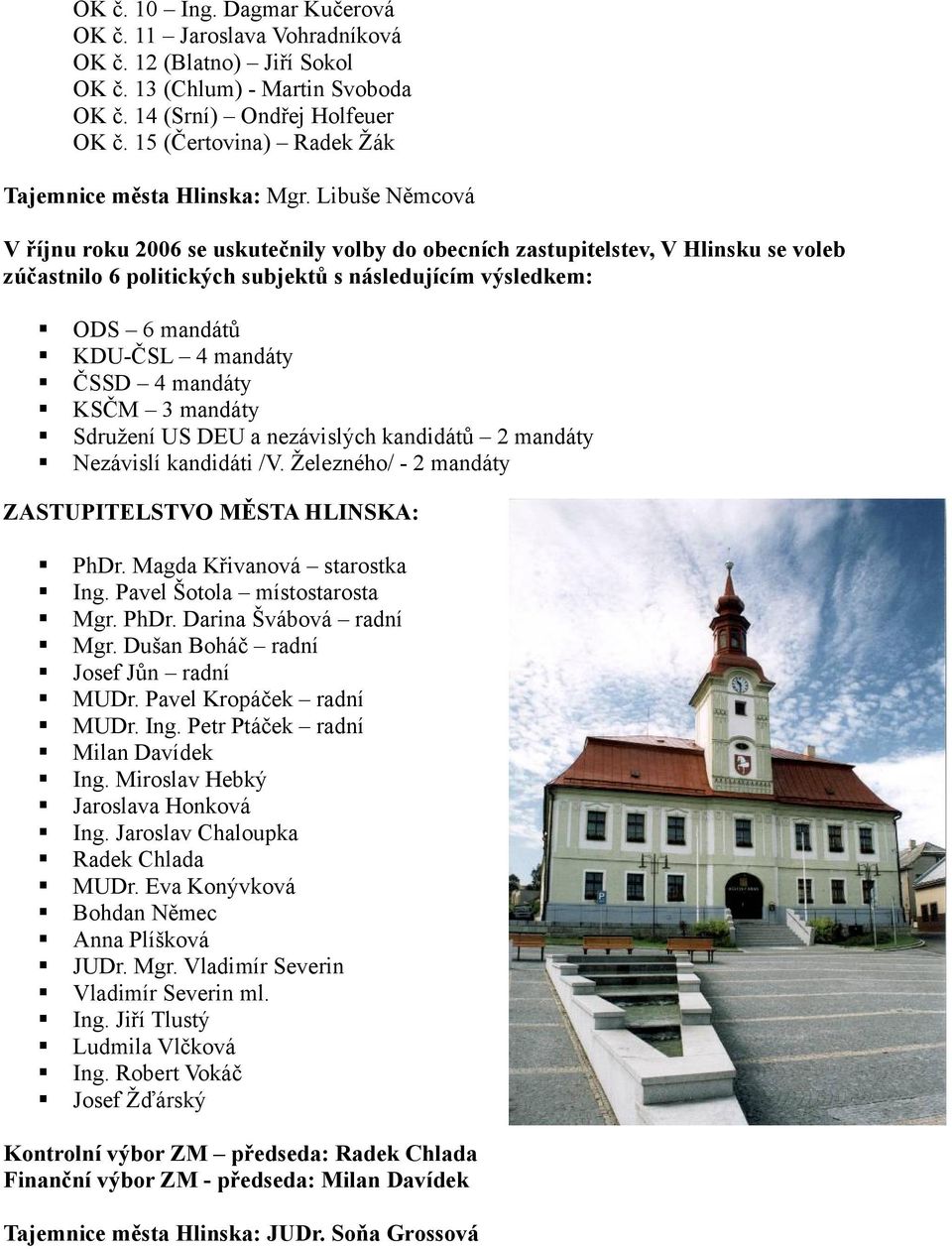 Libuše Němcová V říjnu roku 2006 se uskutečnily volby do obecních zastupitelstev, V Hlinsku se voleb zúčastnilo 6 politických subjektů s následujícím výsledkem: ODS 6 mandátů KDU-ČSL 4 mandáty ČSSD 4