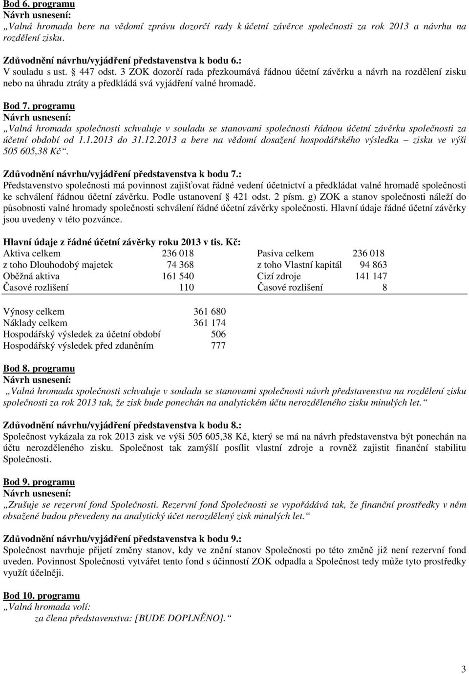 programu Valná hromada společnosti schvaluje v souladu se stanovami společnosti řádnou účetní závěrku společnosti za účetní období od 1.1.2013 do 31.12.