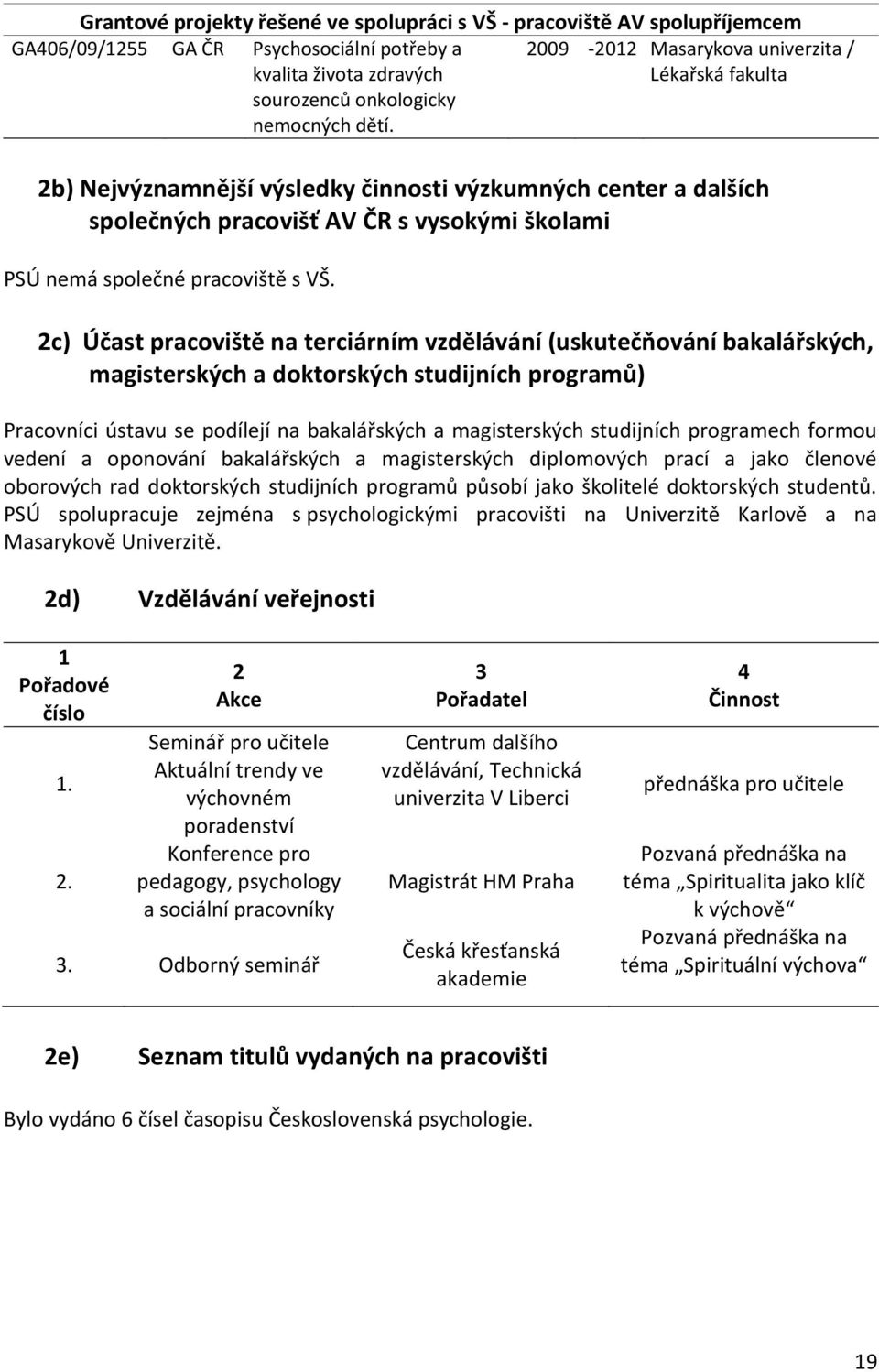 2c) Účast pracoviště na terciárním vzdělávání (uskutečňování bakalářských, magisterských a doktorských studijních programů) Pracovníci ústavu se podílejí na bakalářských a magisterských studijních