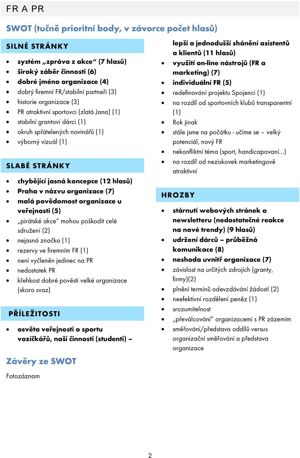 v názvu organizace (7) malá povědomost organizace u veřejnosti (5) pirátské akce mohou poškodit celé sdružení (2) nejasná značka (1) rezervy ve firemním FR (1) není vyčleněn jedinec na PR nedostatek