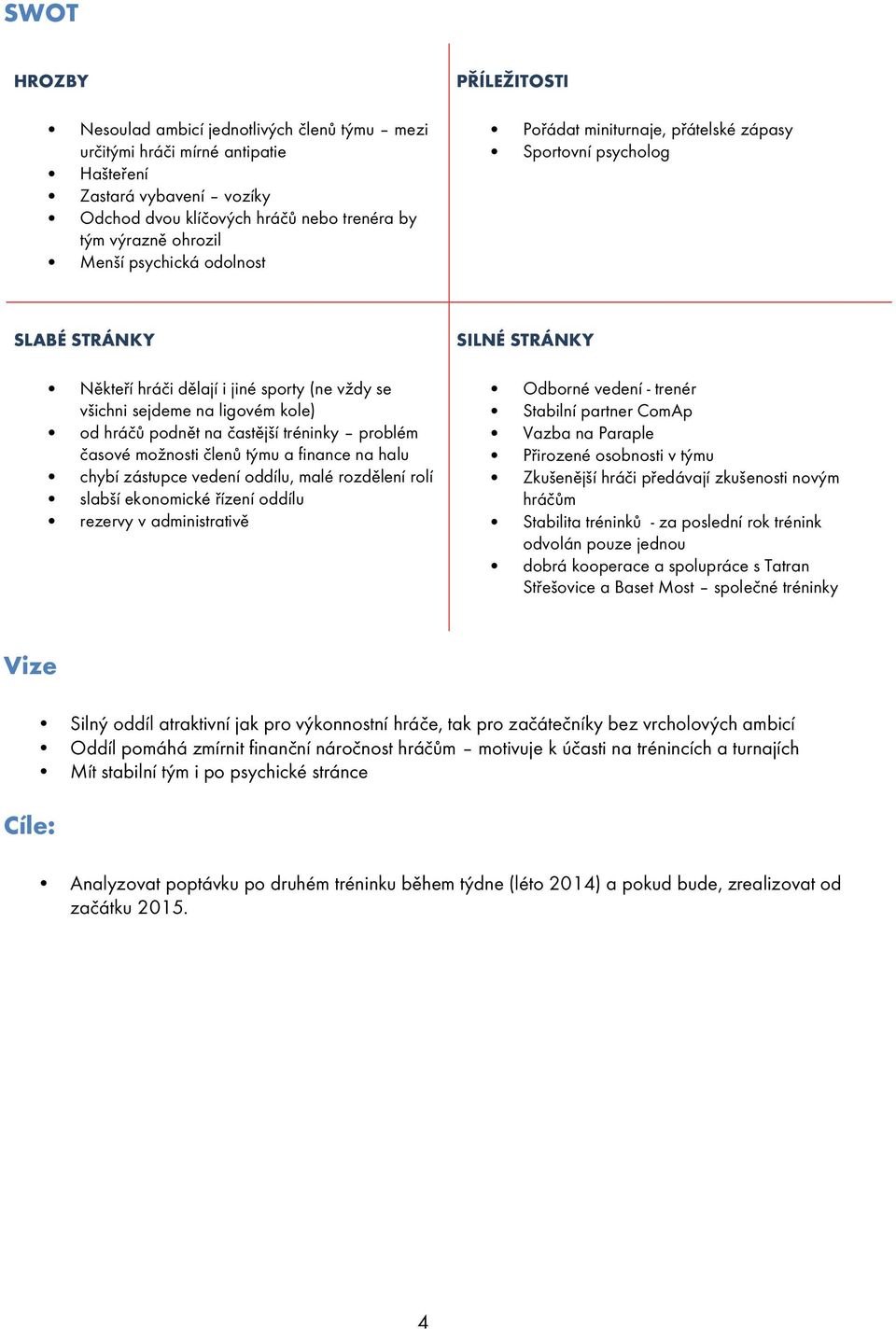 na častější tréninky problém časové možnosti členů týmu a finance na halu chybí zástupce vedení oddílu, malé rozdělení rolí slabší ekonomické řízení oddílu rezervy v administrativě SILNÉ STRÁNKY