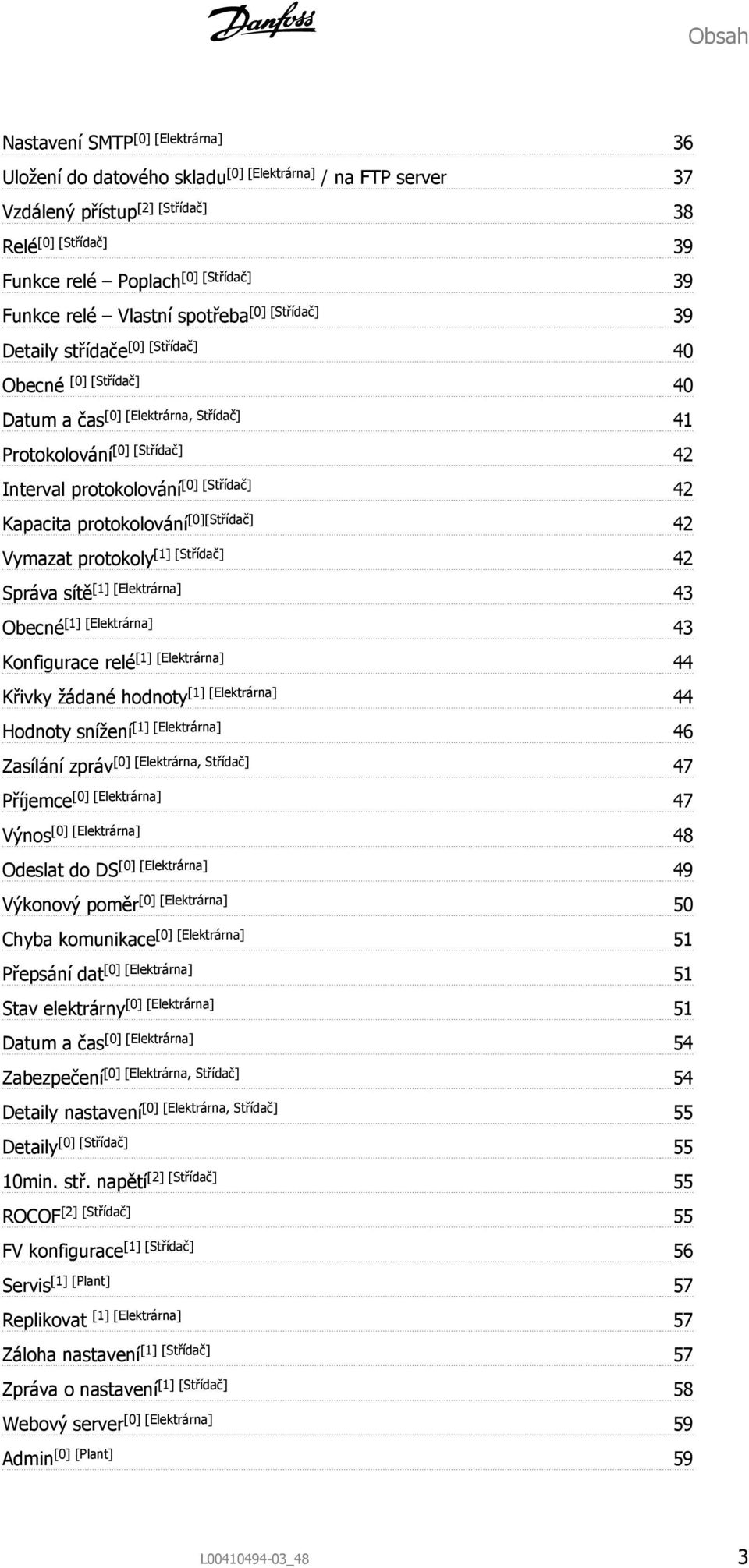 [0] [Střídač] 42 Kapacita protokolování [0][Střídač] 42 Vymazat protokoly [1] [Střídač] 42 Správa sítě [1] [Elektrárna] 43 Obecné [1] [Elektrárna] 43 Konfigurace relé [1] [Elektrárna] 44 Křivky