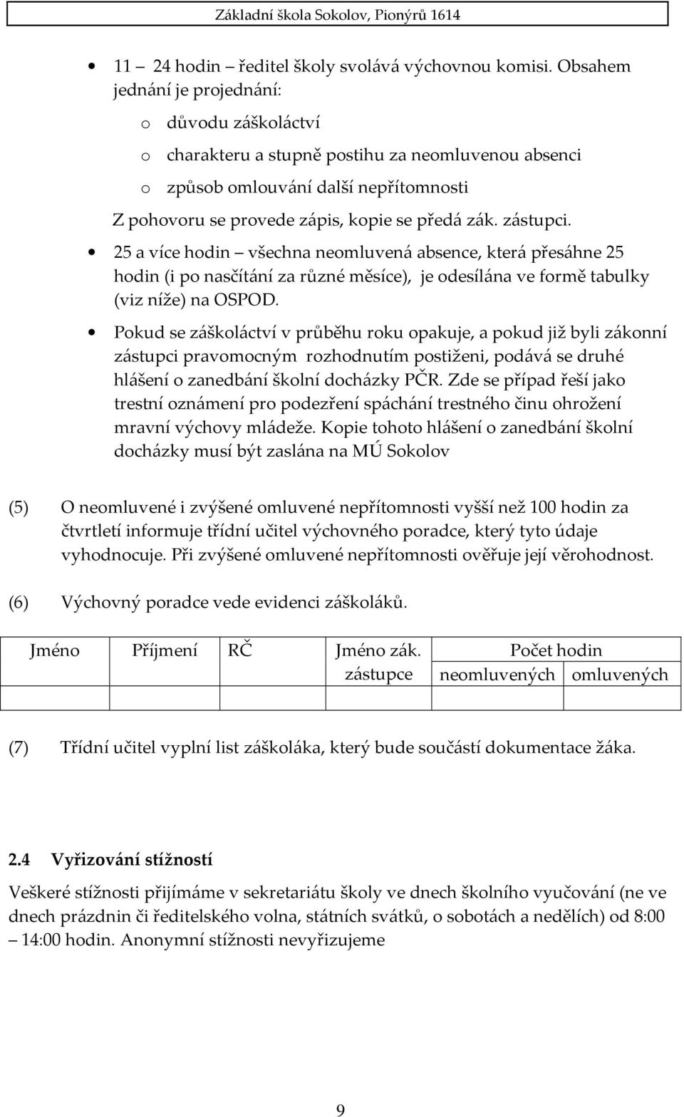 zástupci. 25 a více hodin všechna neomluvená absence, která přesáhne 25 hodin (i po nasčítání za různé měsíce), je odesílána ve formě tabulky (viz níže) na OSPOD.