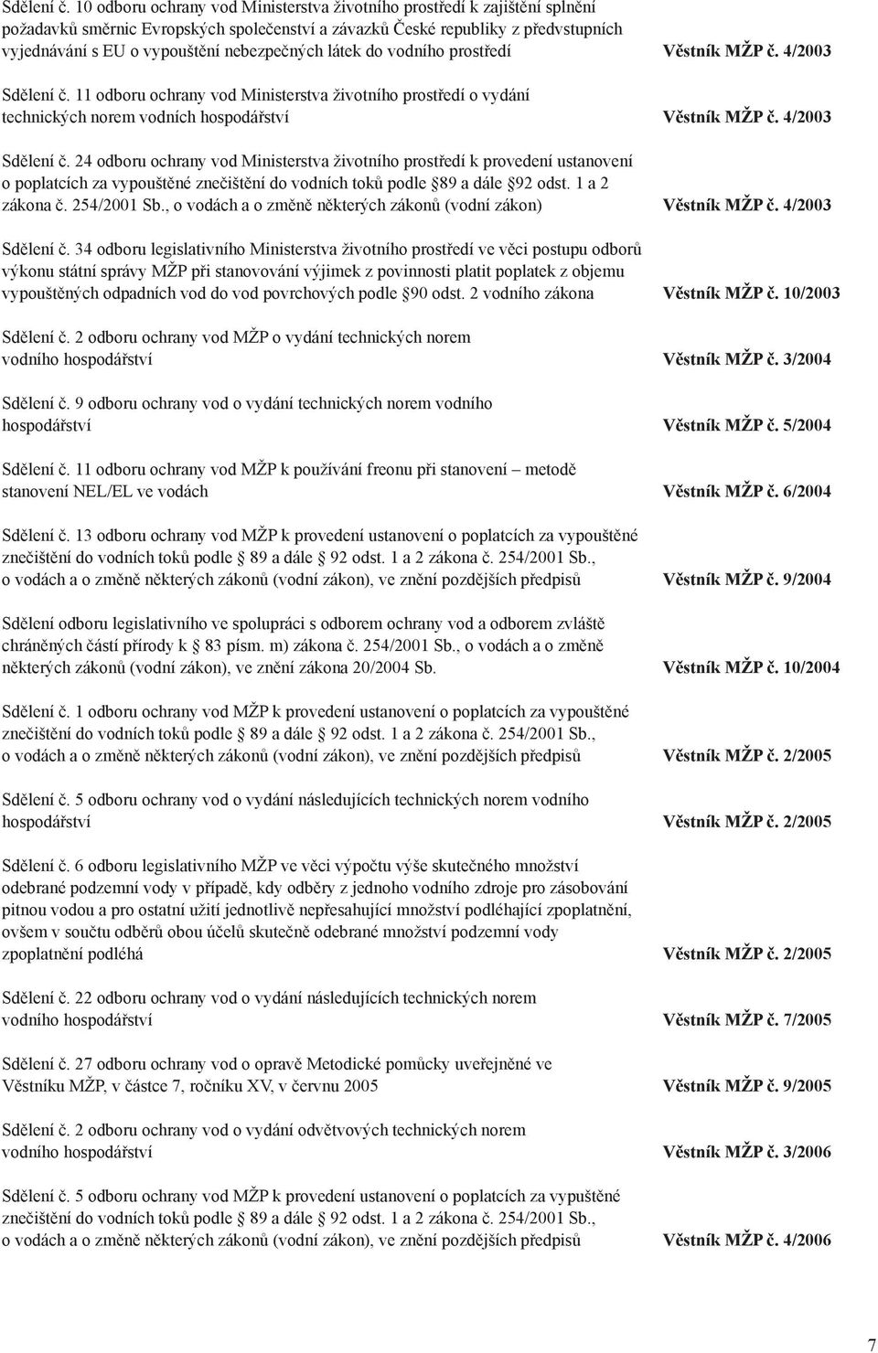 nebezpečných látek do vodního prostředí Věstník MŽP č. 4/2003  11 odboru ochrany vod Ministerstva životního prostředí o vydání technických norem vodních hospodářství Věstník MŽP č.