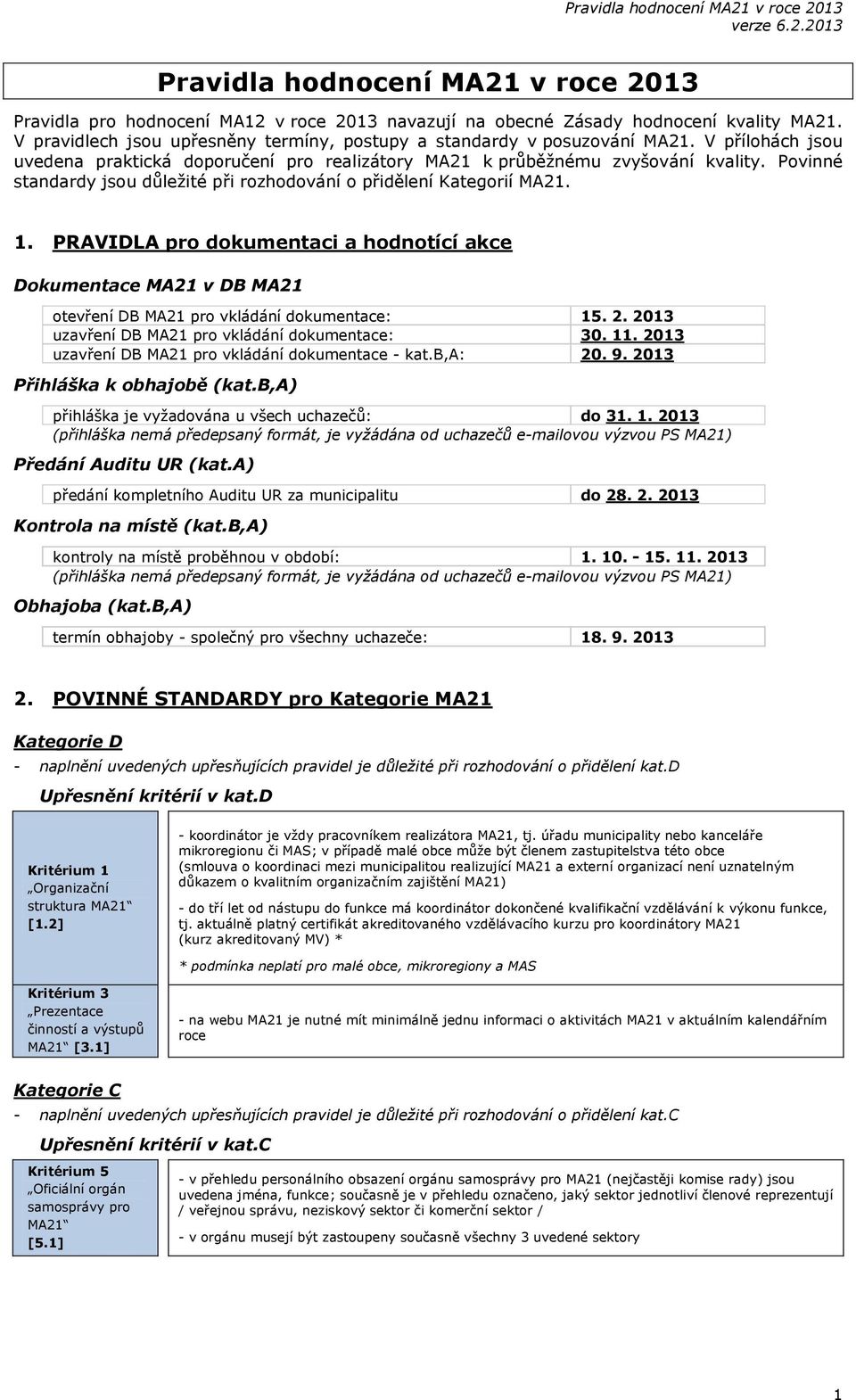 Povinné standardy jsou důležité při rozhodování o přidělení Kategorií MA21. 1. PRAVIDLA pro dokumentaci a hodnotící akce Dokumentace MA21 v DB MA21 otevření DB MA21 pro vkládání dokumentace: 15. 2.
