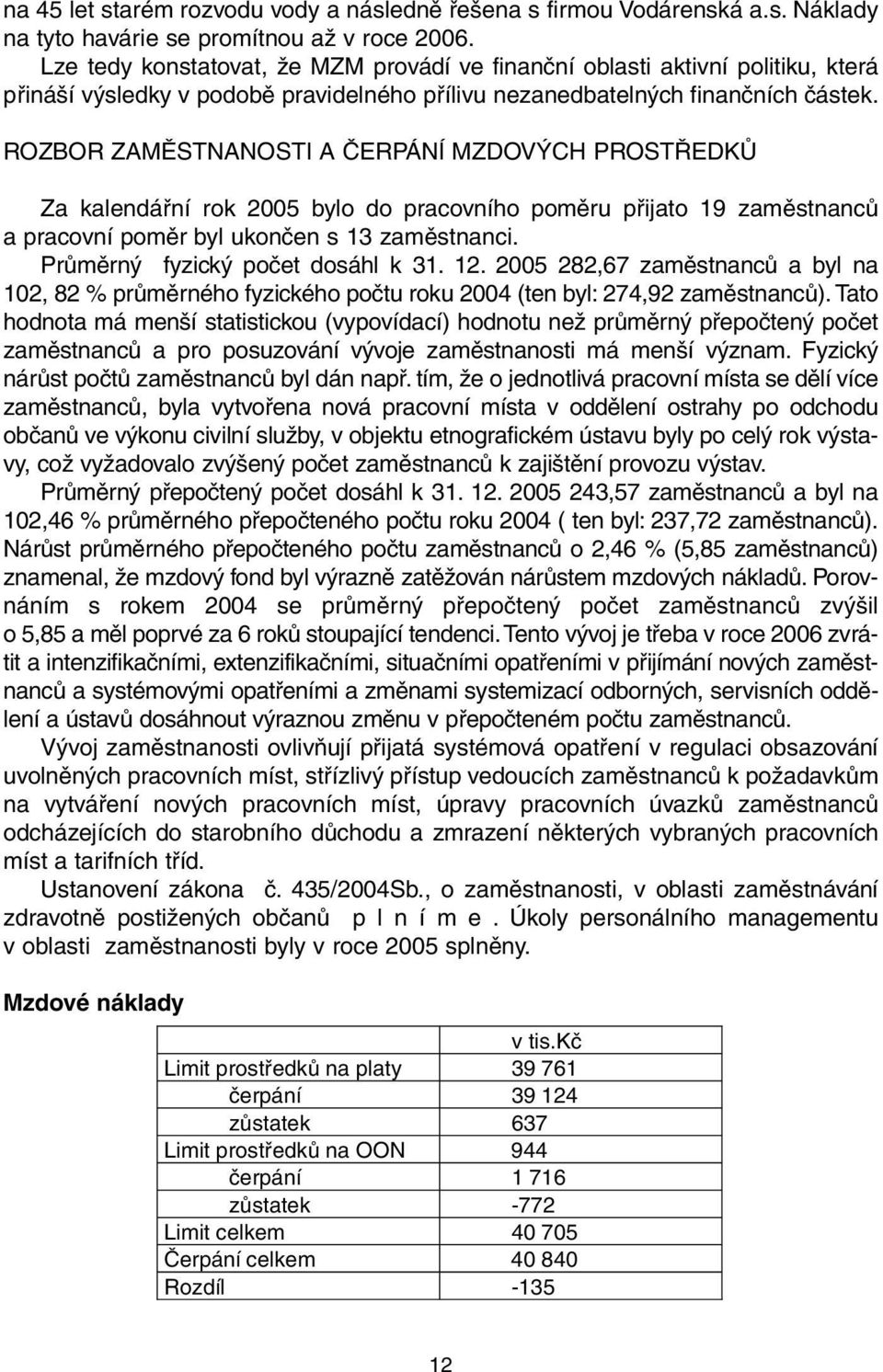 ROZBOR ZAMĚSTNANOSTI A ČERPÁNÍ MZDOVÝCH PROSTŘEDKŮ Za kalendářní rok 2005 bylo do pracovního poměru přijato 19 zaměstnanců a pracovní poměr byl ukončen s 13 zaměstnanci.