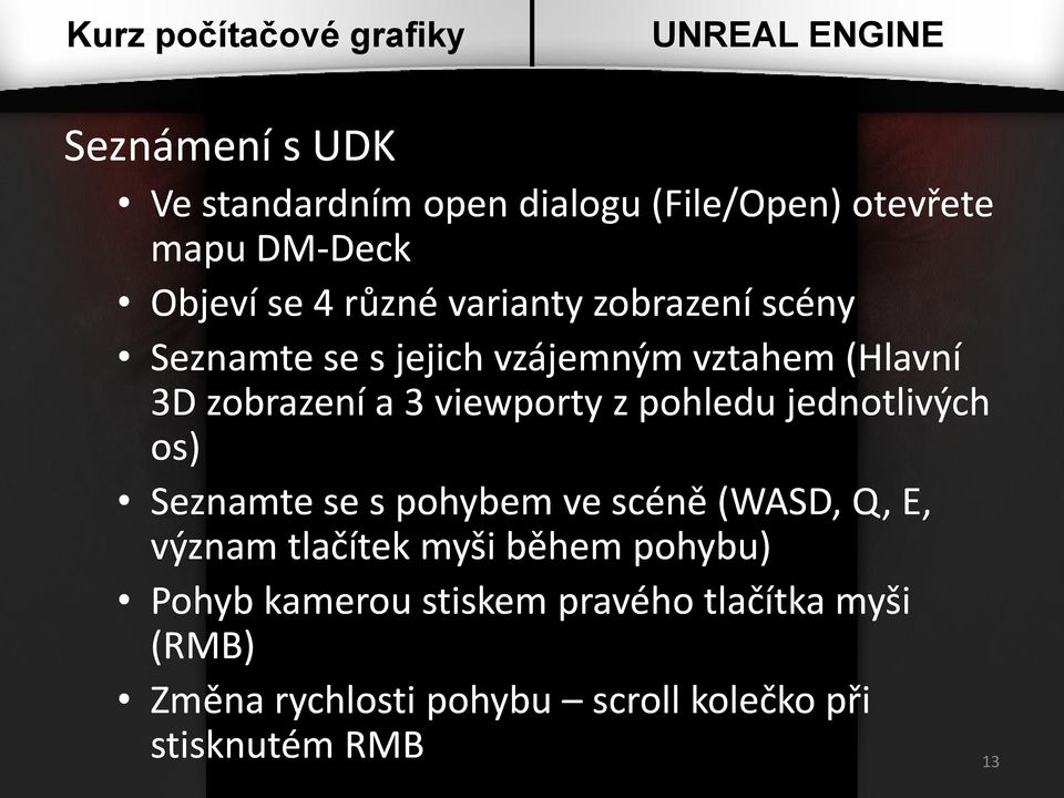 pohledu jednotlivých os) Seznamte se s pohybem ve scéně (WASD, Q, E, význam tlačítek myši během pohybu)